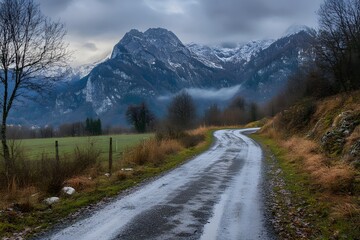 Winding road, mountain view, autumn, rain, valley