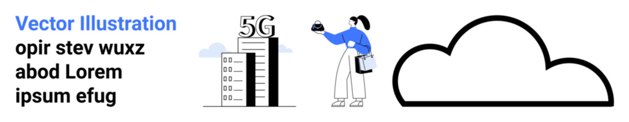 5G tower, digital cloud, and a professional holding a clipboard and analyzing city communication. Ideal for innovation, technology, connectivity, digital growth, network, future flat landing page