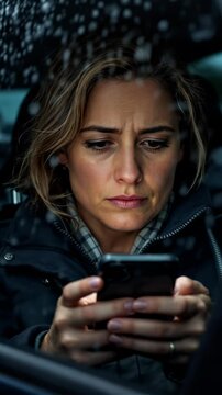 Worried middle-aged woman using smartphone inside a car on a rainy day, vertical footage