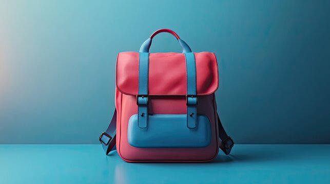 A vibrant, stylized backpack in red and blue with wing-like features on the top; the front showcases a bold design with raised textures resembling armor.