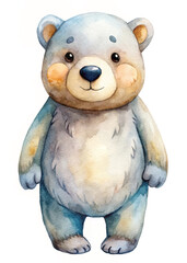 Cute cartoon bear, watercolor illustration, soft colors, playful design, children's art, adorable character.