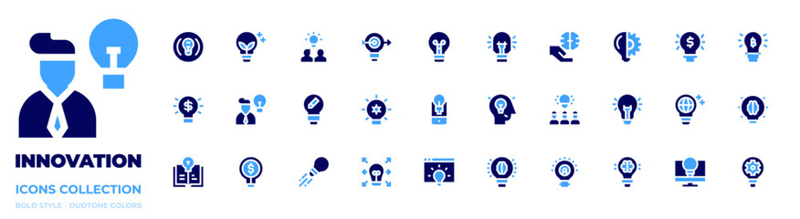 Innovation icon collection. Bold style. Duotone colors. greeninnovation, lightbulb, idea, goal, invention, emergingindustries