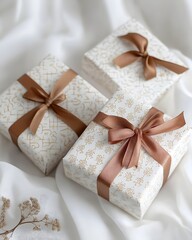 Three elegantly wrapped gifts with golden patterns and brown ribbons on a soft white fabric background
