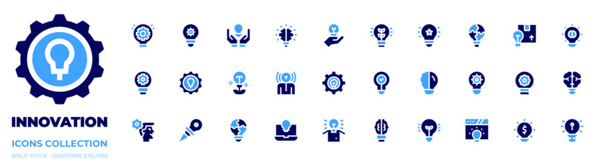 Innovation icon collection. Bold style. Duotone colors. ideas, idea, innovation, engineering, laptop, brandawareness