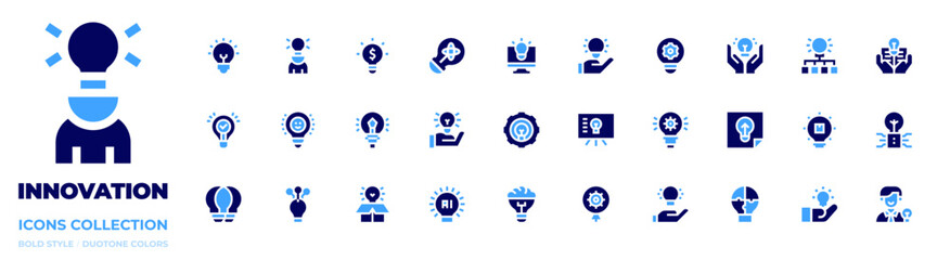 Innovation icon collection. Bold style. Duotone colors. idea, artificialintelligence, knowledge, creativity, thinking, solution, blendedlearning