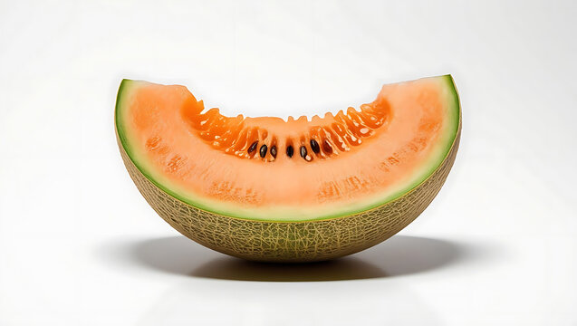 A fresh organic slice of melon, watermelon, and muskmelon cantaloupe isolated on white background as a juicy healthy dessert