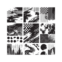 Naklejka premium Vector abstract black and white textures set featuring distorted