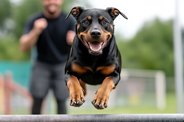 A happy dog captured mid-jump over an agility bar, with a blurred figure of its owner in the background, illustrating the joy of training and interaction in outdoor settings.