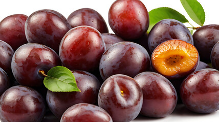 Fototapeta premium Close-up of fresh ripe plums on a white background