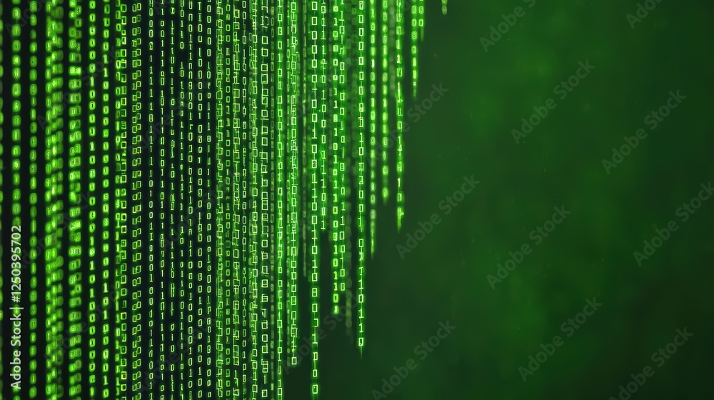 Poster vibrant green binary code stream with digital data flow effect