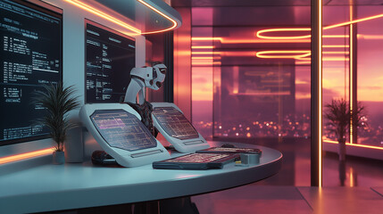 Futuristic artificial intelligence robot working as a data analyst or cybersecurity specialist in a high-tech office environment, surrounded by multiple computer screens displaying complex code