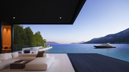 Fototapeta premium Luxurious modern living room overlooking serene ocean with yacht at sunset