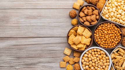 Fototapeta premium Assorted Crunchy Snacks in Bowls on Wooden Table Surface