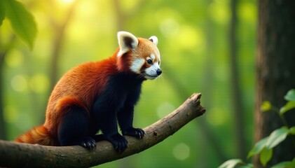 Naklejka premium Red panda perched on a sun-drenched branch, lush forest background, green, sunny, zoology
