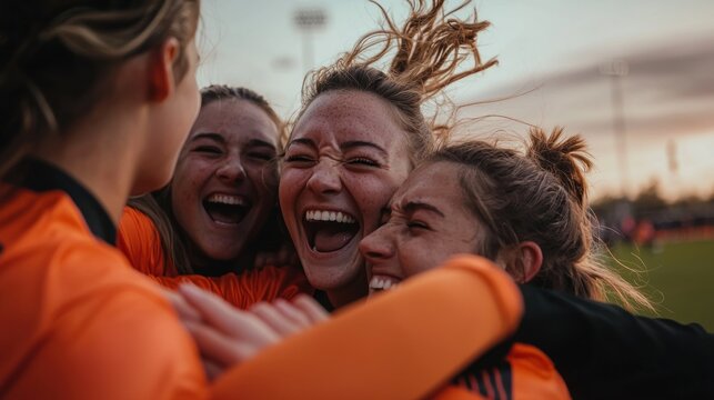 Joyful celebration of female soccer players embracing each other during a match at sunset