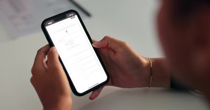 Closeup, person and hands with phone screen for online booking, information or date for work trip. Office, employee and typing with mobile for application, registration or available flight for travel