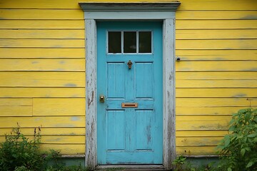 Obraz premium Weathered blue door, yellow house, overgrown plants, rural setting, home decor