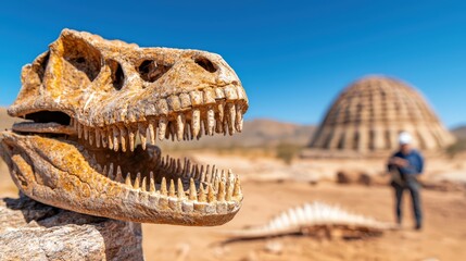 Obraz premium Dinosaur Skull Fossil in Outdoor Desert Landscape with Archaeologist