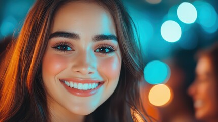 Fototapeta premium Smiling young woman in colorful lighting with a joyful expression