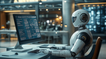 Futuristic artificial intelligence robot working as a data analyst or cybersecurity specialist in a high-tech office environment, surrounded by multiple computer screens displaying complex code