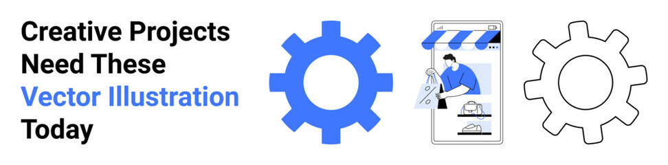 Blue gear element, black outline gear, and person designing on a tablet. Ideal for technology, innovation, design, teamwork, creativity, digital tools and flat landing page banner