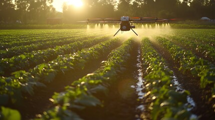Drone Spraying Crops at Golden Hour