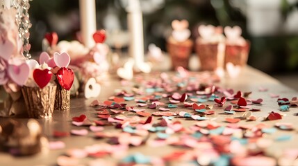Valentine's Day Party love-themed decorations and heart-shaped confetti scattered on a table