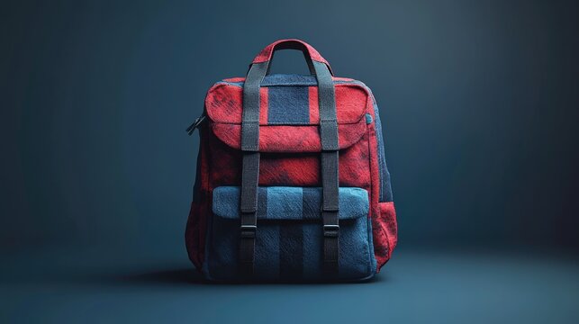 A vibrant, stylized backpack in red and blue with wing-like features on the top; the front showcases a bold design with raised textures resembling armor.