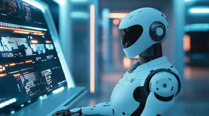 Futuristic artificial intelligence robot working as a data analyst or cybersecurity specialist in a high-tech office environment, surrounded by multiple computer screens displaying complex code