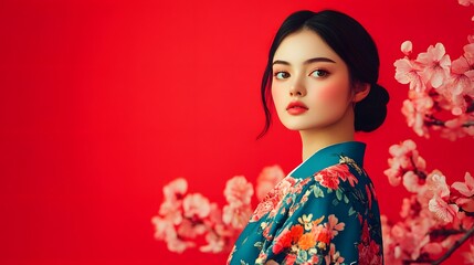 Fototapeta premium Elegant Asian Woman with Floral Backdrop Showcase Radiant Beauty and Captivating Expression