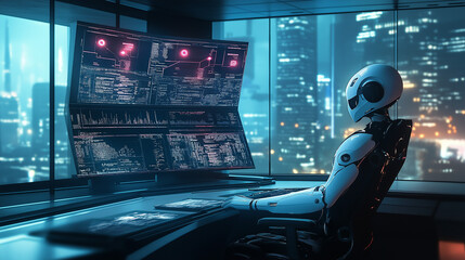 Futuristic artificial intelligence robot working as a data analyst or cybersecurity specialist in a high-tech office environment, surrounded by multiple computer screens displaying complex code