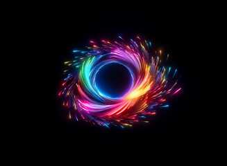 A vibrant, swirling vortex of neon lights in rainbow colors surrounds a dark circular center, creating a dynamic, abstract design against a black backdrop.