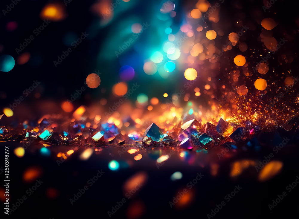 Sticker gems sparkle and shimmer against a dark backdrop, illuminated by bokeh lights. a vibrant display of 