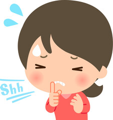 口元で人差し指を立てる焦った様子の女性、口止め