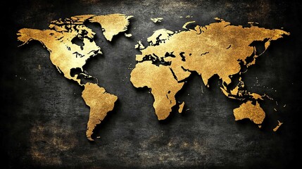 Golden world map, textured background, global travel, design element