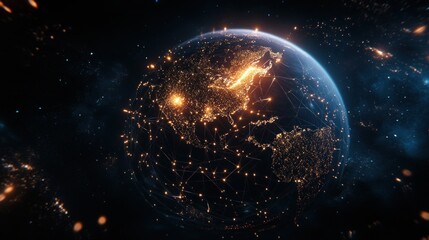 Obraz premium Global Network Connectivity: A Digital Earth with Interconnected Data Nodes
