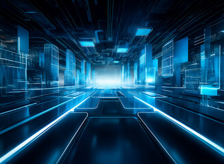 Futuristic digital corridor with glowing blue lines and geometric shapes in perspective, leading to a bright light source. Illuminated and technological.