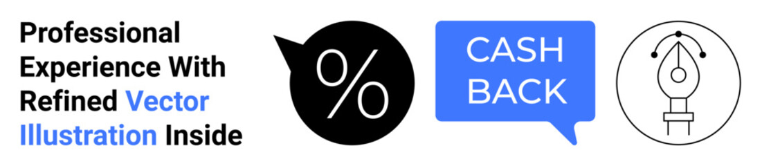 Percentage icon, cashback text in blue speech bubble, pen tool, highlighting deals, discounts, savings, and creative design services. Ideal for e-commerce, promos design templates professional