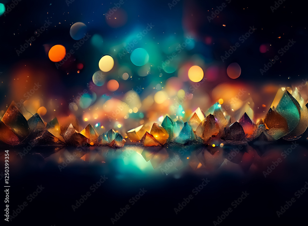 Poster abstract shapes and bokeh lights create a vibrant scene with a reflective surface. the composition i