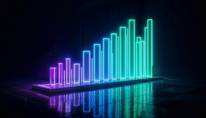 "A futuristic 3D bar graph with glowing neon bars in purple, blue, and green, set against a dark background, with dynamic reflections, ultra-realistic, cinematic 8k."
