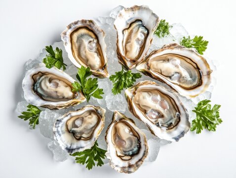 Fresh oysters on ice with parsley garnish on white background