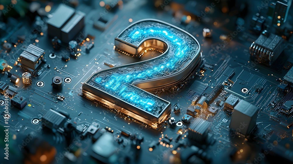Poster macro shot of an intricate and mesmerizing metallic circuit board with a captivating digital and fut