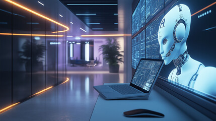 Futuristic artificial intelligence robot working as a data analyst or cybersecurity specialist in a high-tech office environment, surrounded by multiple computer screens displaying complex code