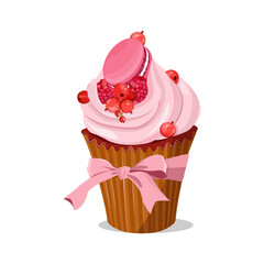 Cake with berries, cookies macaroon and pink bow on isolated background. Vector illustration.