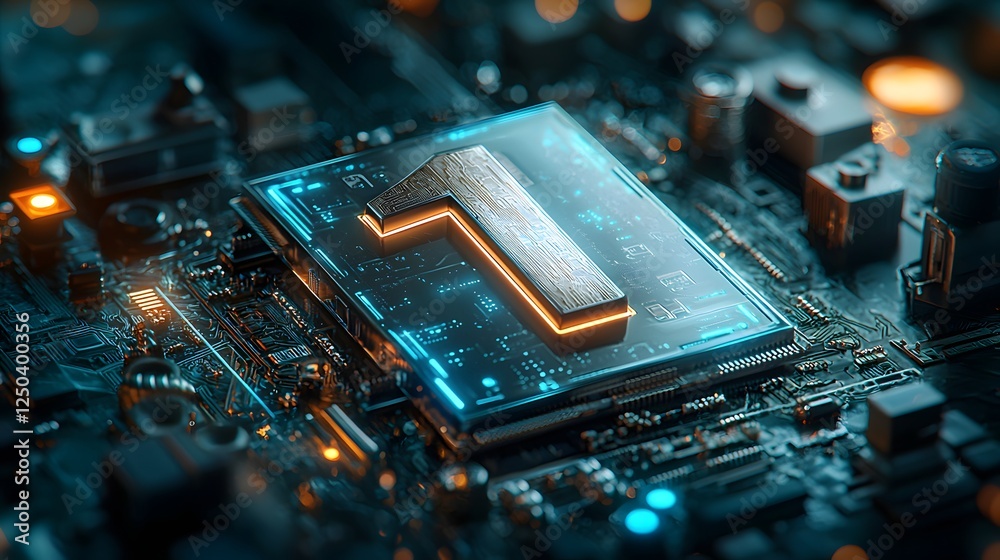 Poster intricate circuit board with illuminated microchips and interconnected components showcasing advance