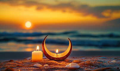 Serene Candlelight and Crescent Moon on the Shoreline &ndash; Ramadan Kareem 2025