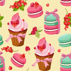 Different tastes and colors macaroons tied with a bow, cake and berries. Seamless vector illustration. For decoration textile, packaging.
