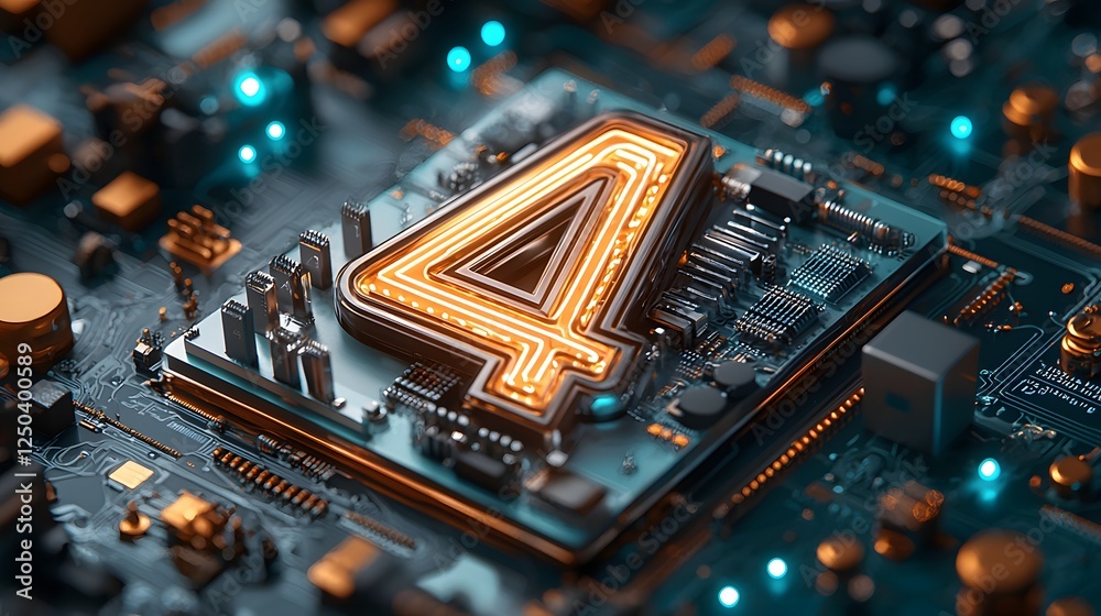 Poster close up macro shot of an intricate and advanced circuit board with glowing numeric indicators repre