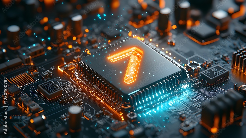 Poster glowing digital circuit board with futuristic computer chip and electronics abstract technology back