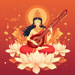 Obraz premium Vasant Panchami Social Media Poster Highlighting Goddess Saraswati Motifs with Space for Personalized Messages and Greetings